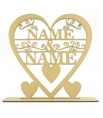 Laser Cut 3mm  Large Personalised Heart with swirl detail on a stand - Name & Name